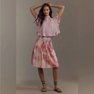 NWT By Anthropologie Low-Rise Gathered-Yoke Knee-Length Skirt